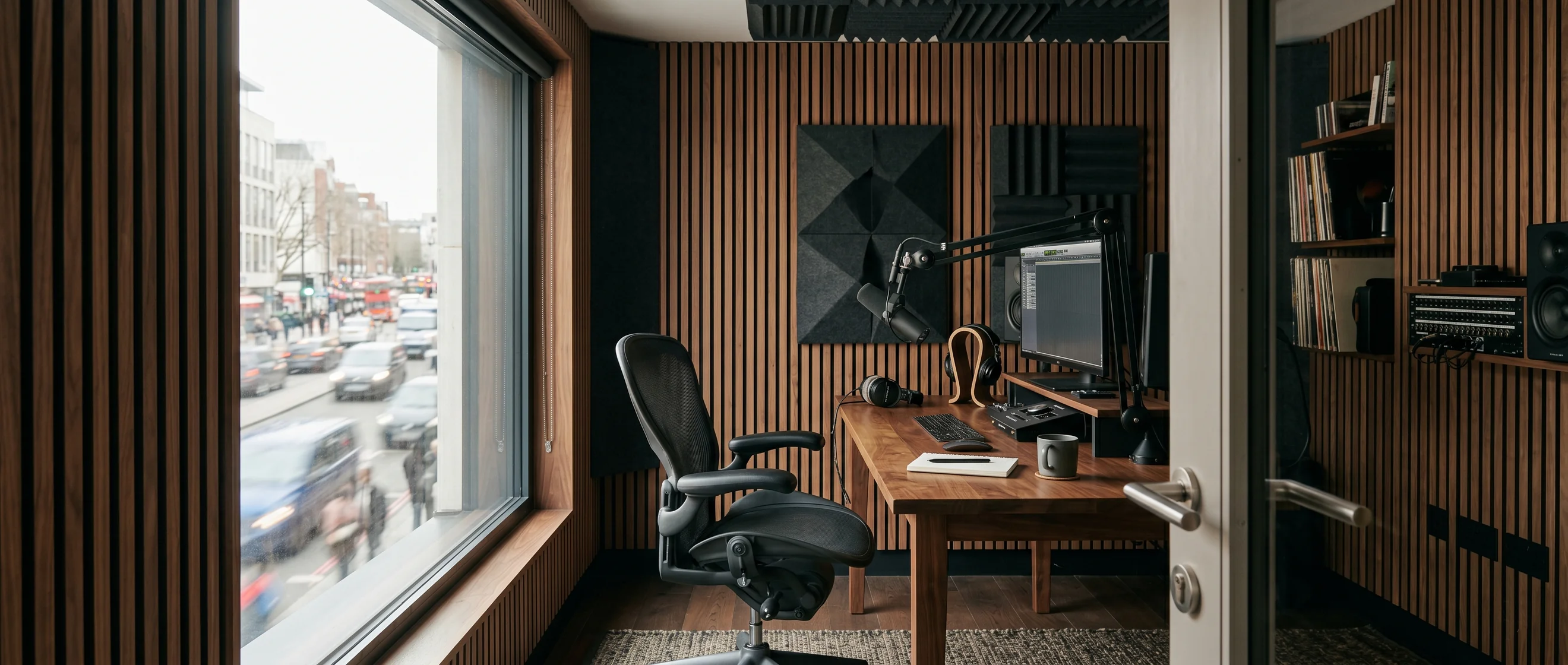 Espacio interior con tratamiento acústico — referencia editorial Acustudio