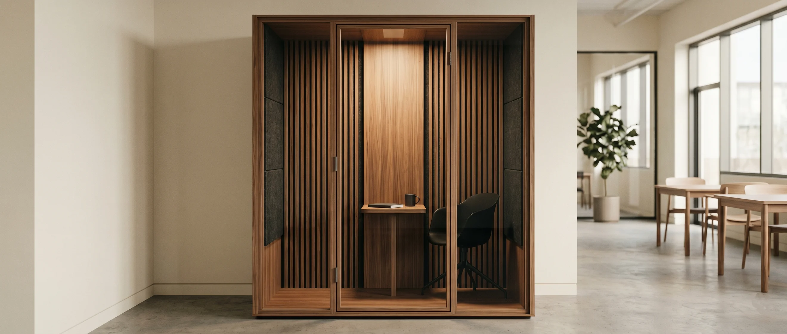 Espacio de oficina con cabinas acústicas integradas — referencial Acustudio