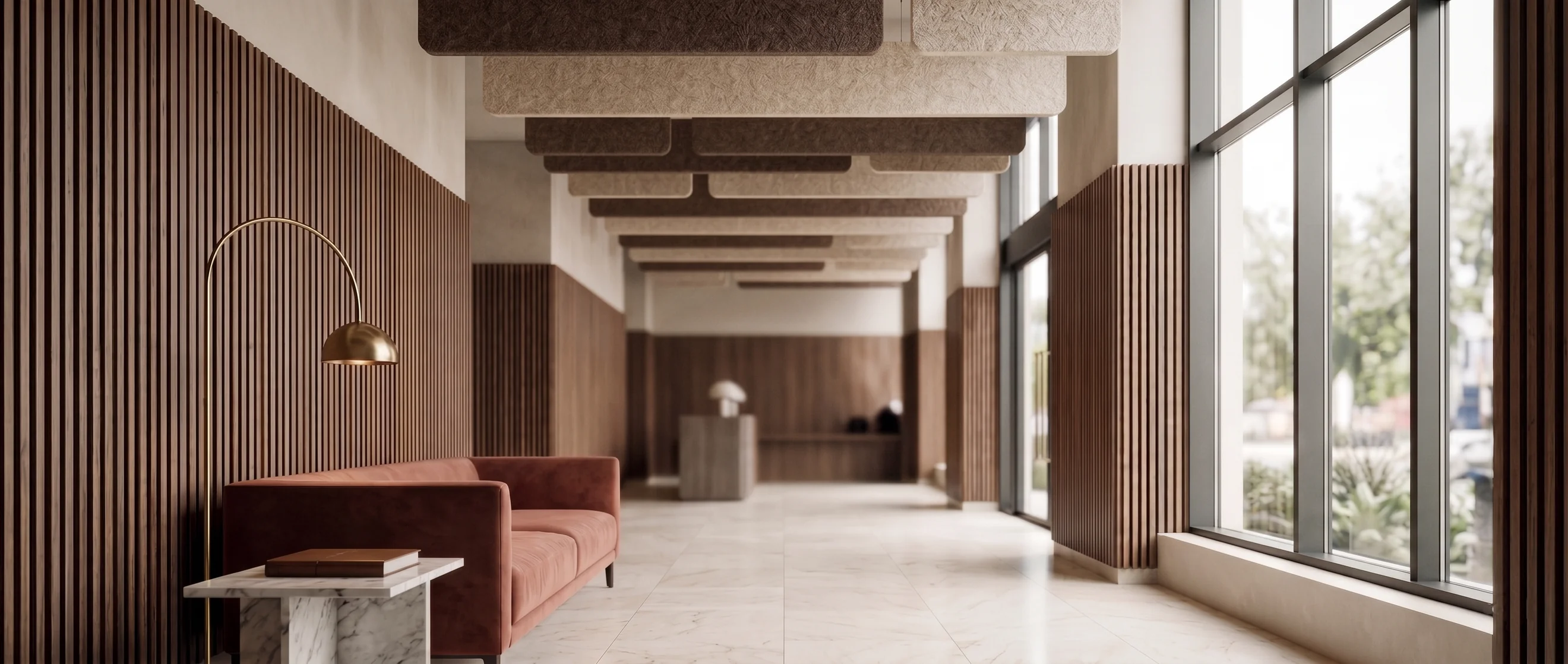 Revestimiento acústico decorativo en hotel — referencial Acustudio